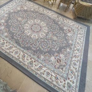 کاور فرش و روفرشی کشدار رنگ زمینه طوسی بسیار خوش طرح و نقش کد 0662
