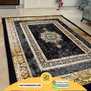 کاور فرش و روفرشی کشدار رنگ زمینه مشکی ترکیب طوسی و طلایی کد 1649 (ویدیو)