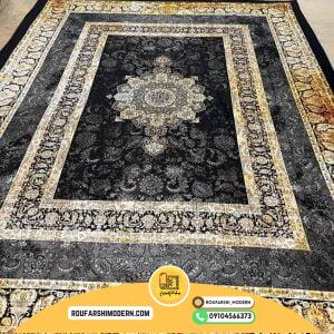 کاور فرش و روفرشی کشدار رنگ زمینه مشکی ترکیب طوسی و طلایی کد 1649 (ویدیو)