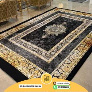 کاور فرش و روفرشی کشدار رنگ زمینه مشکی ترکیب طوسی و طلایی کد 1649 (ویدیو)