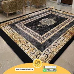 کاور فرش و روفرشی کشدار رنگ زمینه مشکی ترکیب طوسی و طلایی کد 1649 (ویدیو)