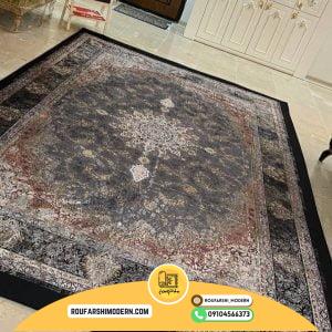 کاور فرش و روفرشی کشدار رنگ طوسی ترکیب طلایی و حاشیه زغالی کد 1626 ( ویدیو)