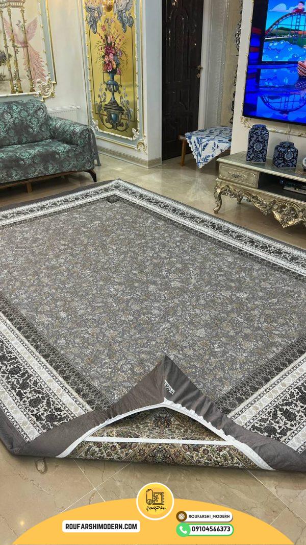 کاور فرش و روفرشی کشدار رنگ طوسی ترکیب کرم طلایی کد ROU1850 (ویدیو)/ cover carpet