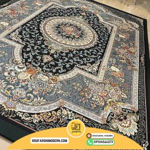 کاور فرش و روفرشی کشدار زمینه سرمه ای حاشیه یشمی کد 0939