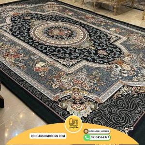 کاور فرش و روفرشی کشدار زمینه سرمه ای حاشیه یشمی کد 0939