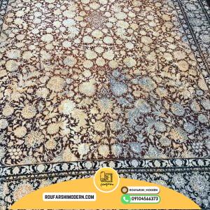 کاور فرش و روفرشی کشدار طرح افشان رنگ قهوه ای طلایی حاشیه سرمه ای کد 1640 (ویدیو)