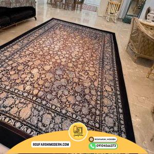 کاور فرش و روفرشی کشدار طرح افشان رنگ قهوه ای طلایی حاشیه سرمه ای کد 1640 (ویدیو)