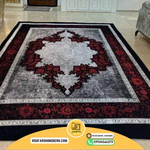 کاور فرش و روفرشی کشدار طرح بسیار زیبا رنگ زمینه مشکی ترکیب زرشکی و طوسی کد 1641 (ویدیو)