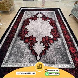 کاور فرش و روفرشی کشدار طرح بسیار زیبا رنگ زمینه مشکی ترکیب زرشکی و طوسی کد 1641 (ویدیو)
