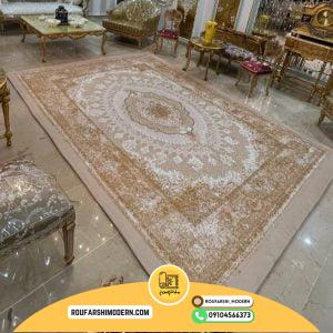 کاور فرش و روفرشی کشدار طرح ریز نقش رنگ کرم طلایی کد 1663 (ویدیو)
