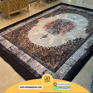 کاور فرش و روفرشی کشدار طرح زیبا و جدید ترکیب رنگ طوسی مشکی آجری کد 1598 (ویدیو)