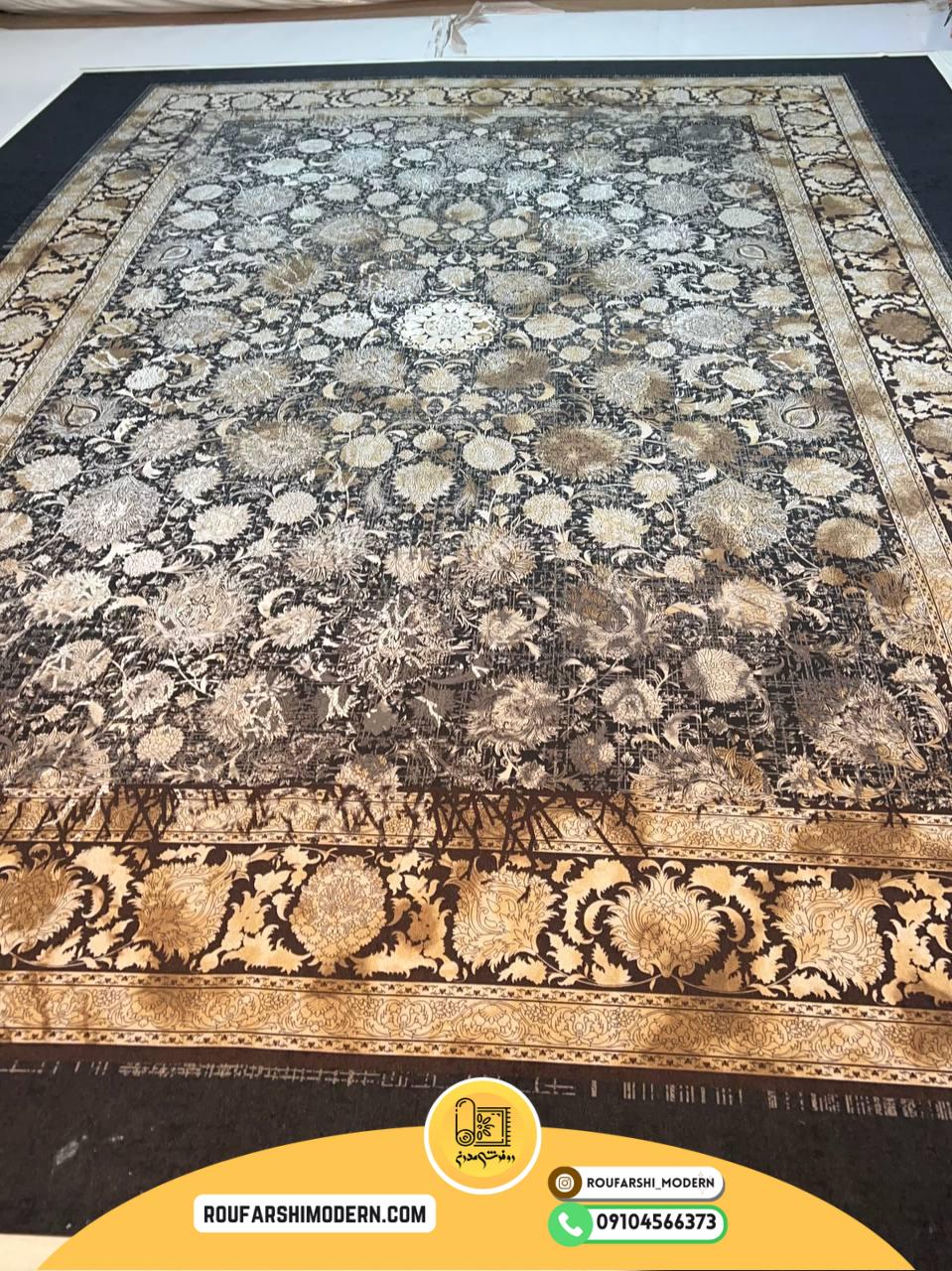 کاور فرش و روفرشی کشدار طرح مدرن زیبا رنگ زمینه مشکی ترکیب طلایی و قهوه ای کد ۱۳۸۳ (ویدیو)