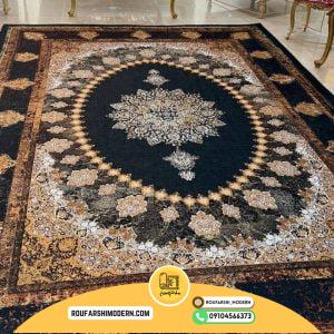 کاور فرش و روفرشی کشدار طرح وینتیج پتینه زمینه مشکی ترکیب قهوه ای و آجری و طلایی کد ROU1668 (ویدیو)