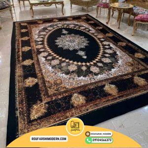کاور فرش و روفرشی کشدار طرح وینتیج پتینه زمینه مشکی ترکیب قهوه ای و آجری و طلایی کد ROU1668 (ویدیو)