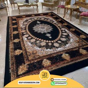 کاور فرش و روفرشی کشدار طرح وینتیج پتینه زمینه مشکی ترکیب قهوه ای و آجری و طلایی کد ROU1668 (ویدیو)