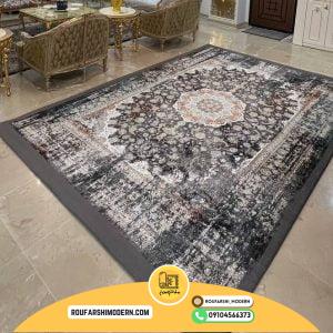 کاور فرش و روفرشی کشدار طرح وینتیج پتینه رنگ طوسی ترکیب کرم طلایی  کد 1648 (ویدیو)