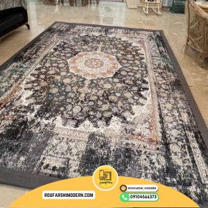 کاور فرش و روفرشی کشدار طرح وینتیج پتینه رنگ طوسی ترکیب کرم طلایی  کد 1648 (ویدیو)