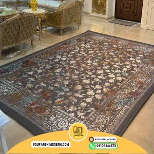 کاور فرش و روفرشی کشدار طرح وینتیج پتینه رنگ زمینه طوسی کد 1650 (ویدیو)
