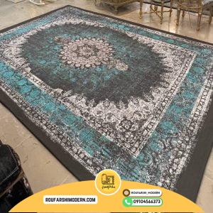 کاور فرش و روفرشی کشدار طرح وینتیج پتینه رنگ طوسی ترکیب آبی فیروزه ای و سفید کد 1608 (ویدیو)