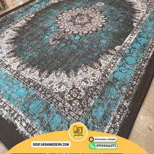 کاور فرش و روفرشی کشدار طرح وینتیج پتینه رنگ طوسی ترکیب آبی فیروزه ای و سفید کد 1608 (ویدیو)
