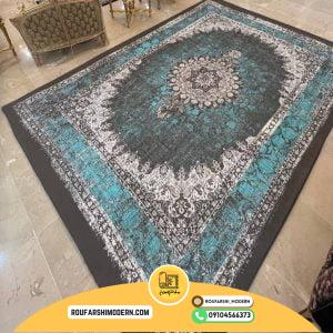 کاور فرش و روفرشی کشدار طرح وینتیج پتینه رنگ طوسی ترکیب آبی فیروزه ای و سفید کد 1608 (ویدیو)