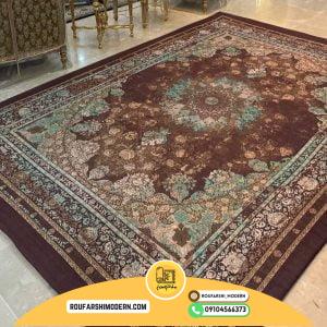 کاور فرش و روفرشی کشدار طرح وینتیج پتینه زمینه قهوه ای ترکیب سبز و طلایی کد 1618 (ویدیو)