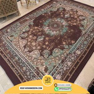 کاور فرش و روفرشی کشدار طرح وینتیج پتینه زمینه قهوه ای ترکیب سبز و طلایی کد 1618 (ویدیو)