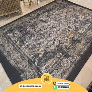 کاور فرش و روفرشی کشدار طرح پتینه وینتیج زمینه طوسی ترکیب طلایی سرمه ای کد 1604 (ویدیو)
